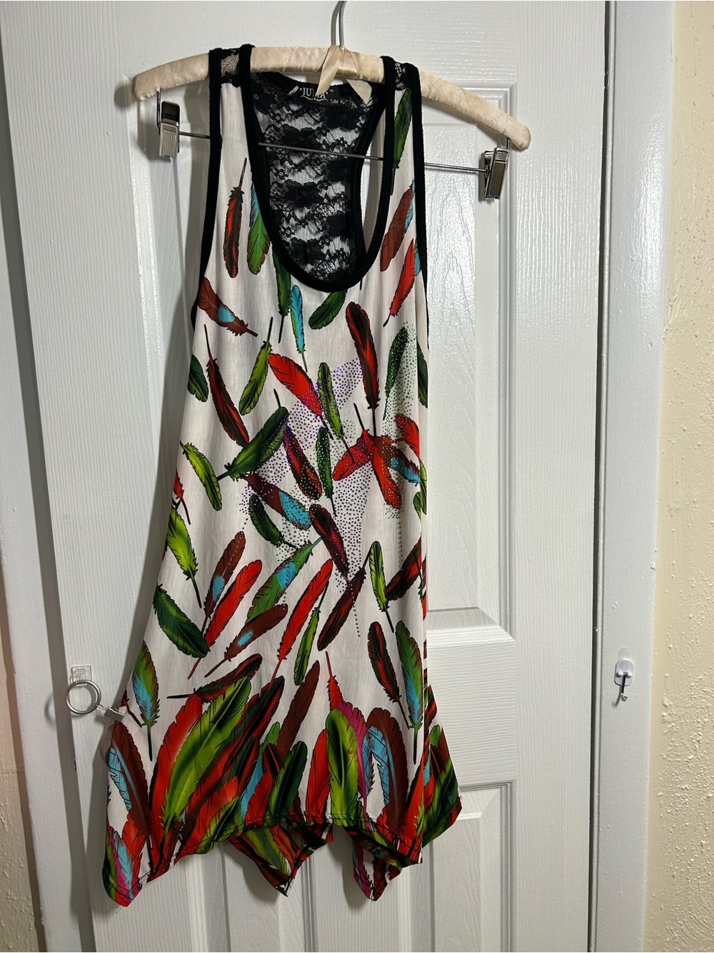 Julia Feather Print Lace Back Handkerchief Hem Tunic Dress Silk Blend 
Size S/M - Picture 2 of 13